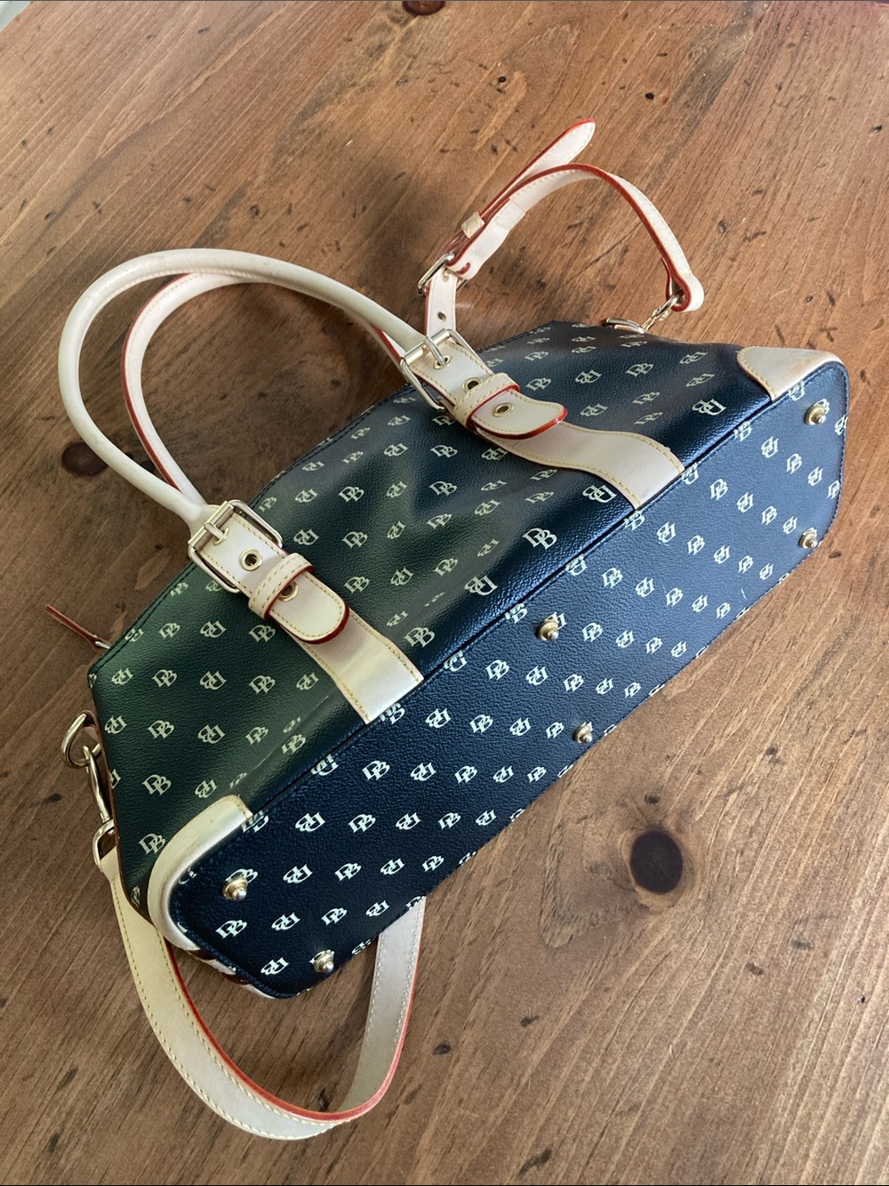 Dooney & Bourke Navy Blue and Cream Logo Satchel - Picture 4 of 11